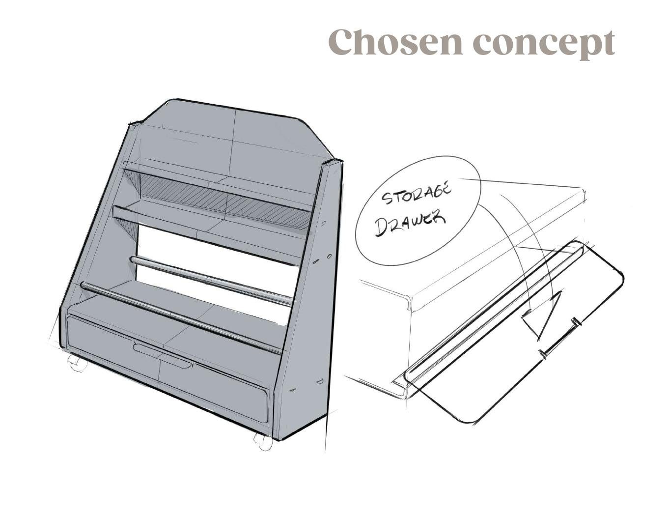 Sketch of the chosen record cabinet concept with a storage drawer