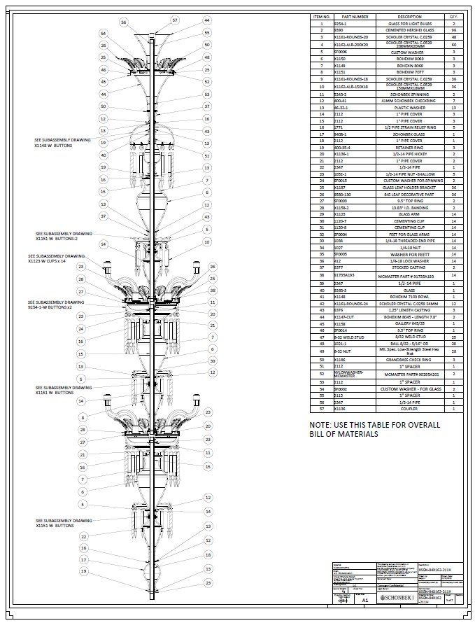 Chandelier assembly drawing with a bill of materials