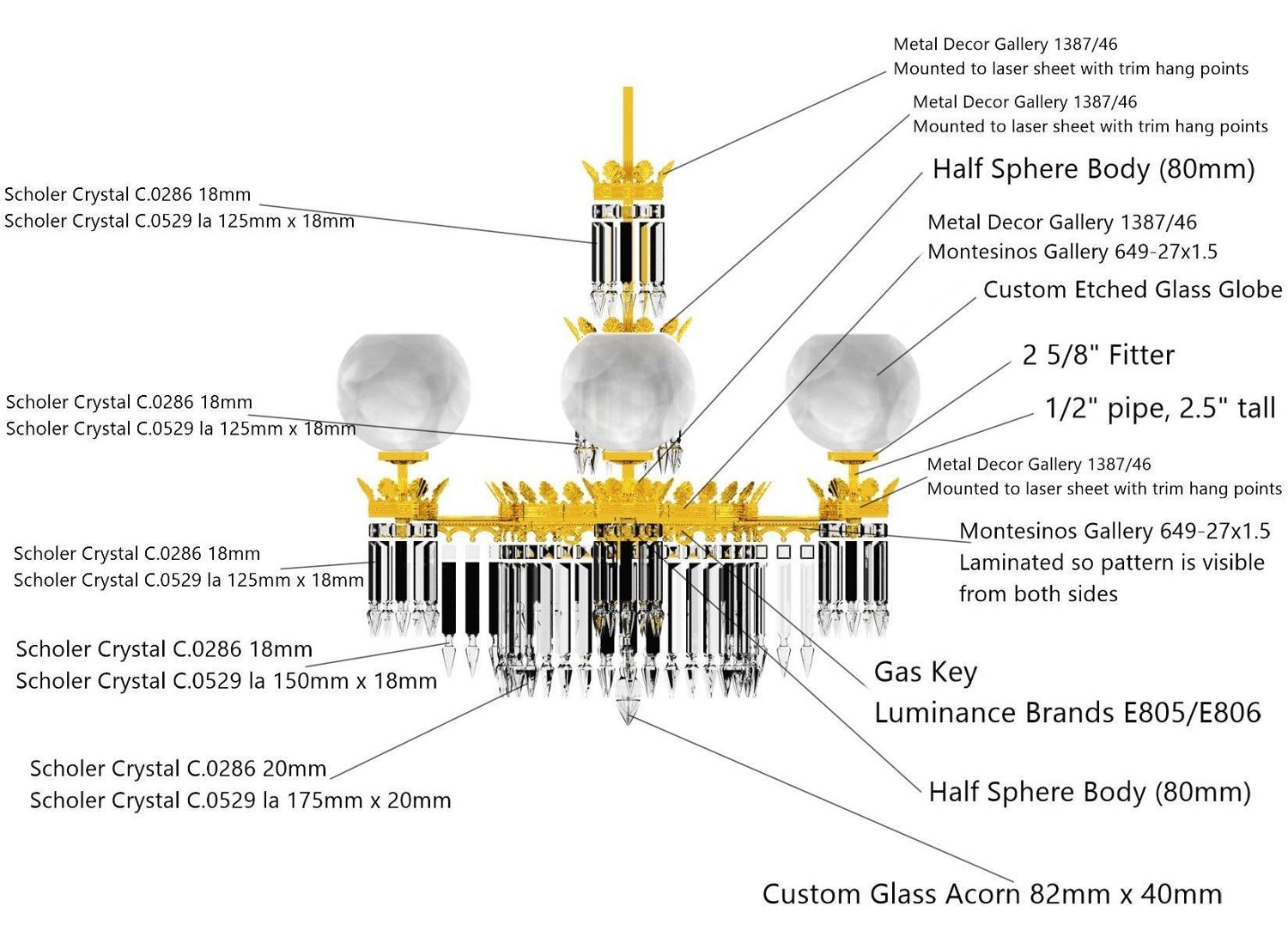 Chandelier render with every part labeled