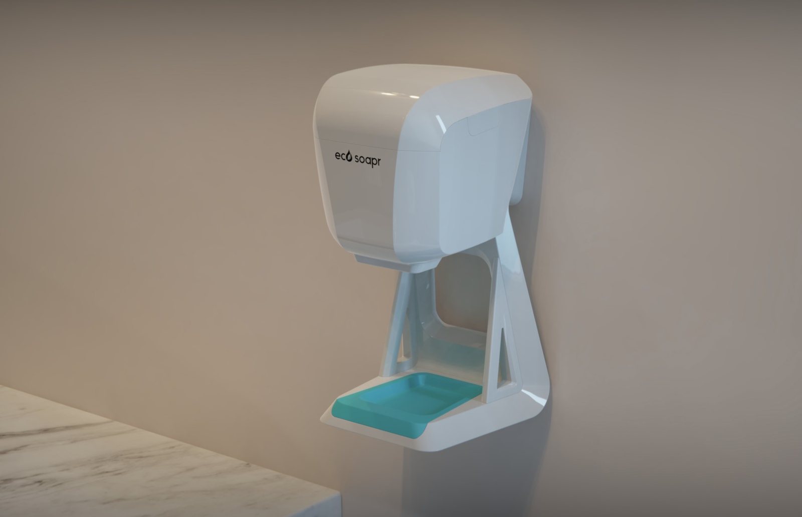 Eco Soapr soap shredder, early cmf render on a vanity