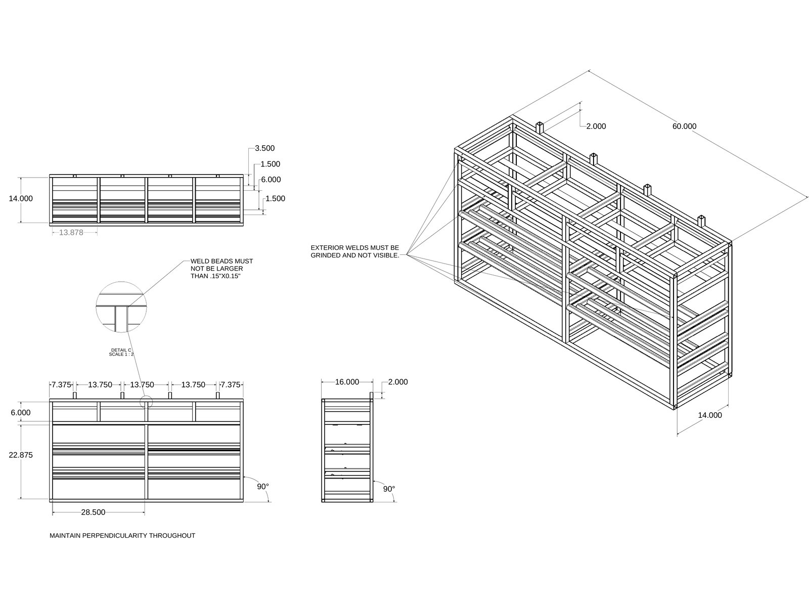 Engineering drawing of a welded cart frame with dimensioned views and weld notes