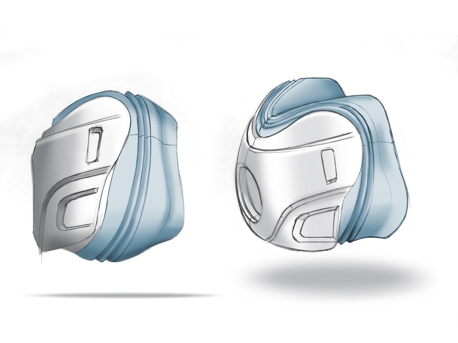 Industrial design concept sketches of a mask shell from two angles