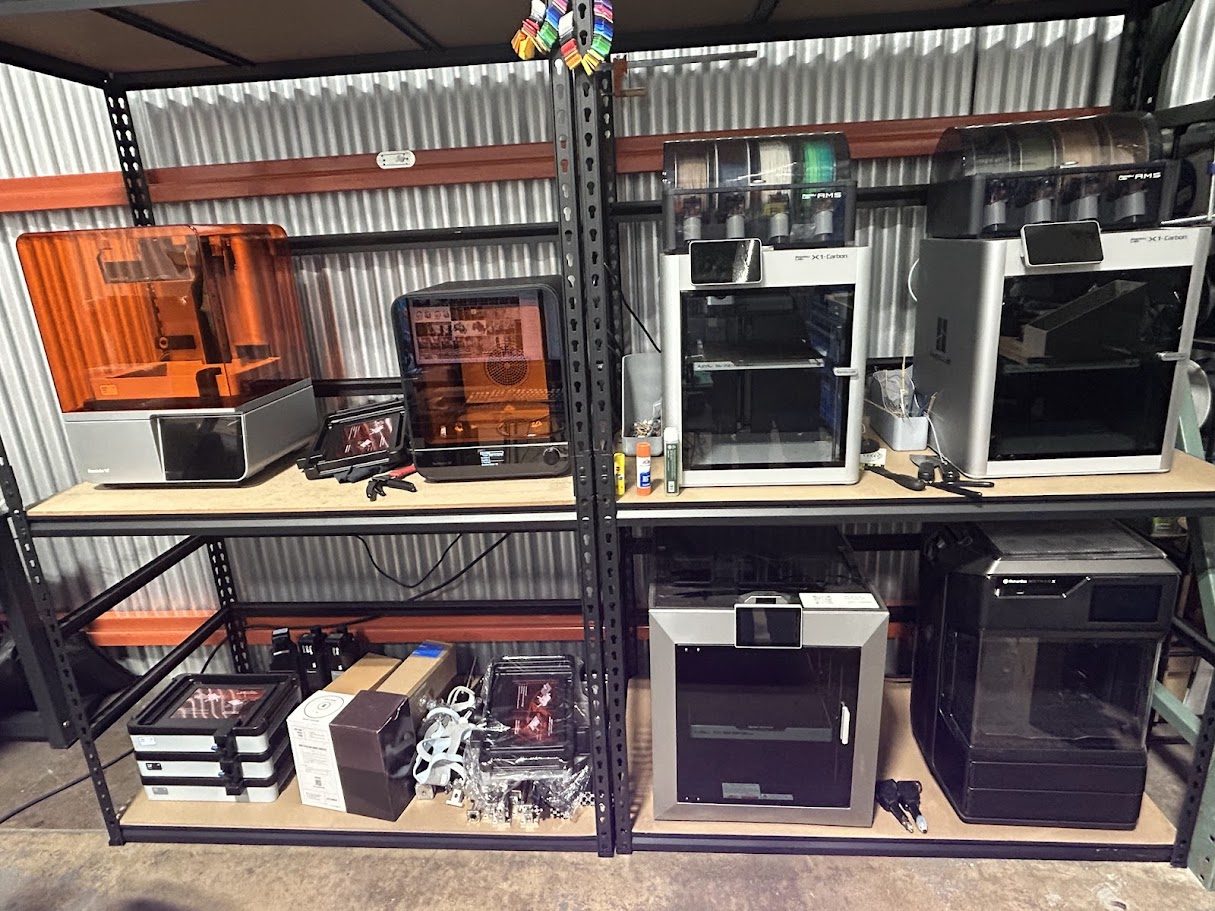 3D printing farm with Bambu FDM and Formlabs SLA printers in our Kearny prototyping lab
