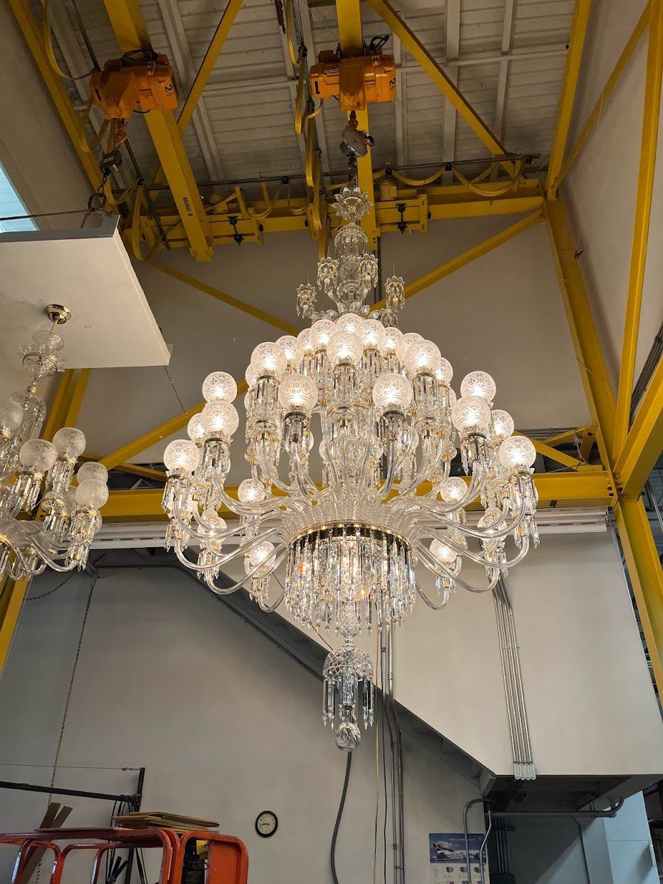 Finished tiered crystal chandelier in the shop