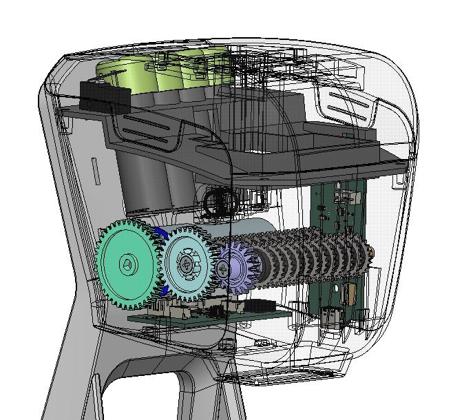 See-through CAD view of the gear train and cutters