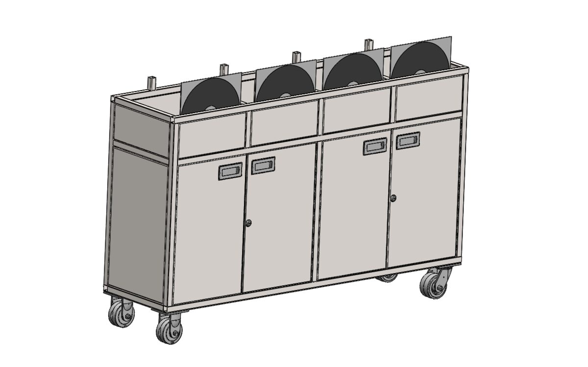Rolling vinyl record cart with a welded frame and sheet metal panels