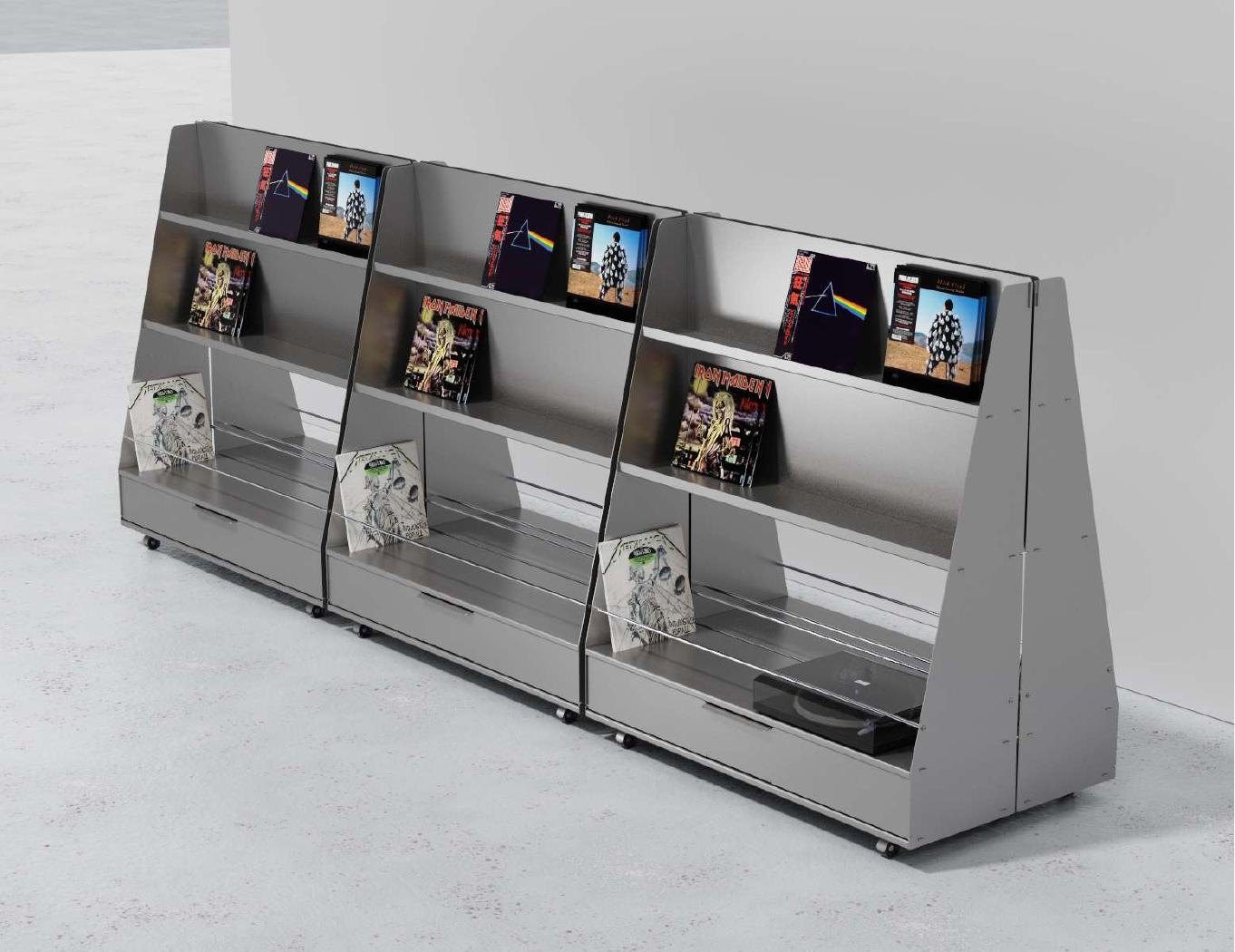 Render of three record cabinets lined up in a store