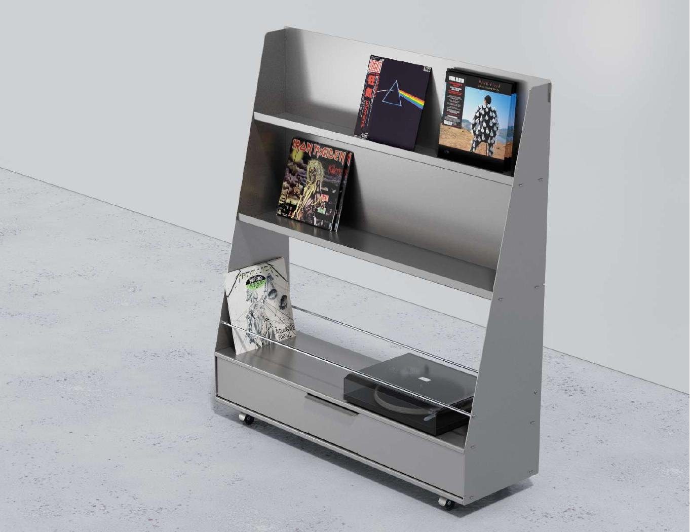 Render of the stainless record cabinet on casters