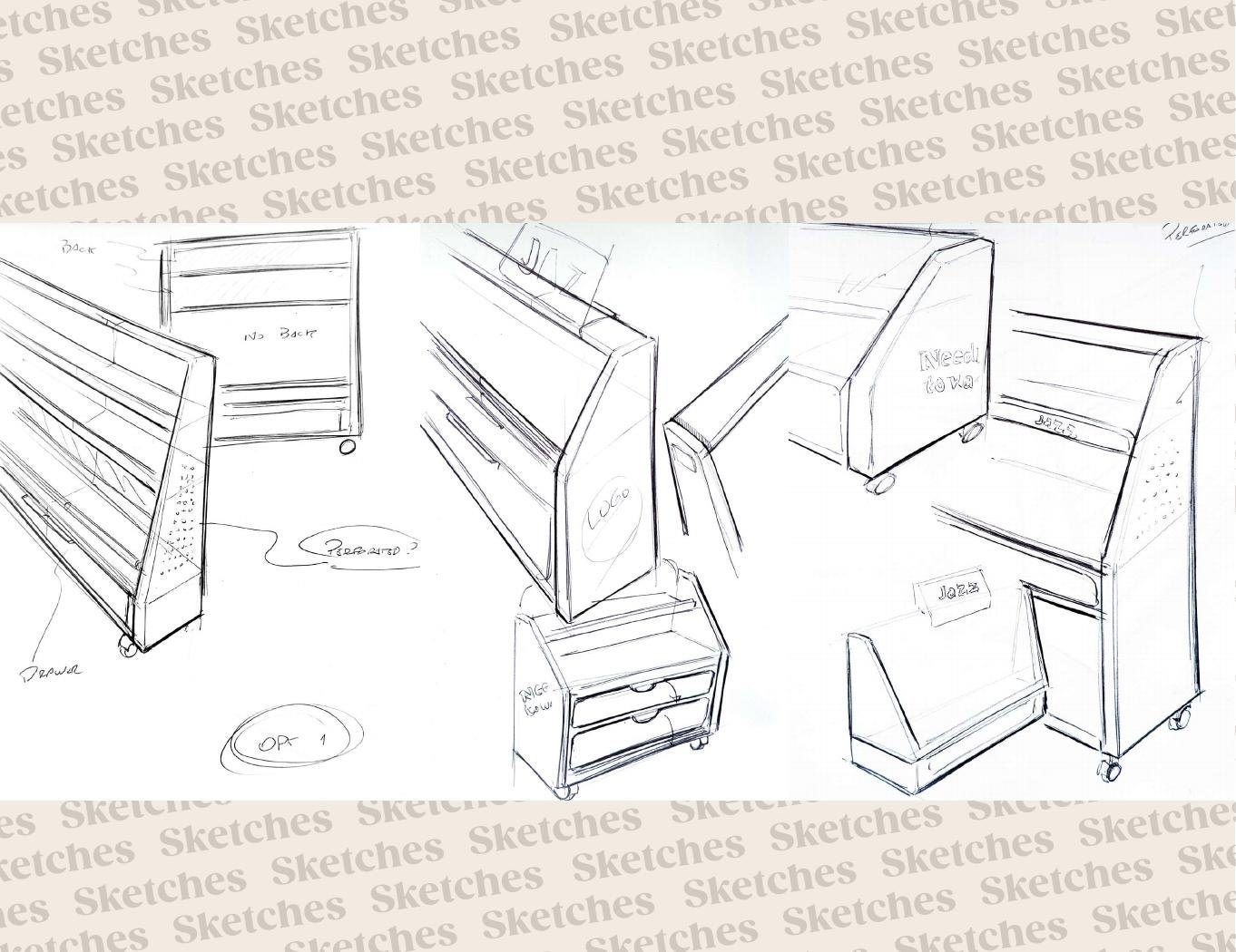 Page of hand sketches exploring record display cabinet concepts